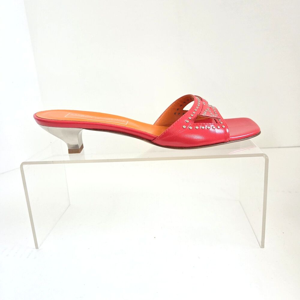 NEW Saks Fifth Avenue Women's Mules 7.5B Red Leather Sandals Studded Silver Heel